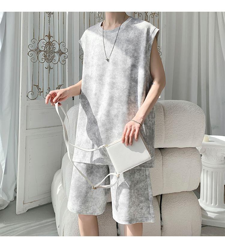 Set: Crew Neck Tie-Dye Tank Top + Drawstring Waist Sweat Shorts Product Image