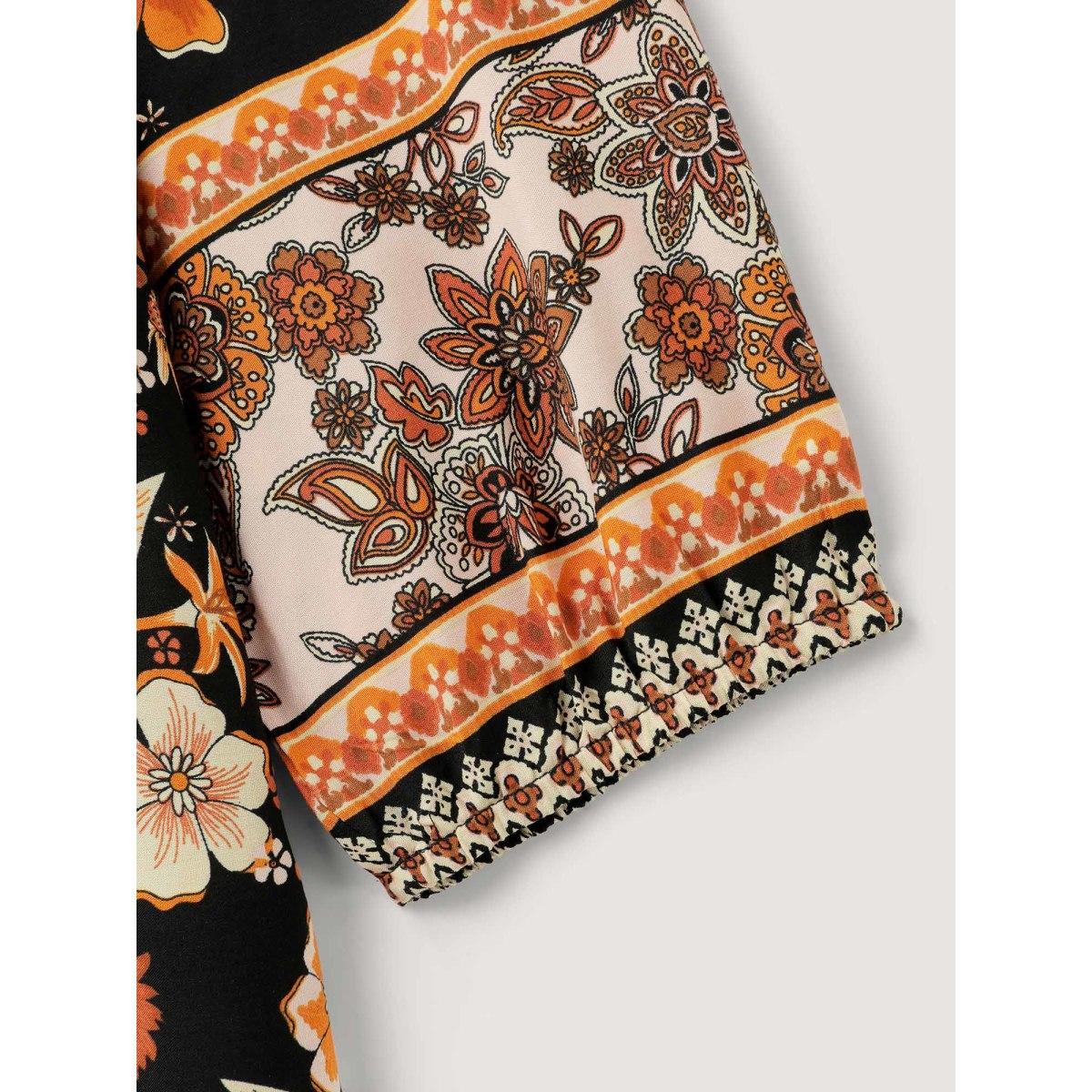 Plus Size Floral Stretchy Waist Neck-Tie Maxi Dress BlackFlower Women Boho Non Flat collar with V-notch Long Sleeve Curvy BloomChic 28/5X Product Image