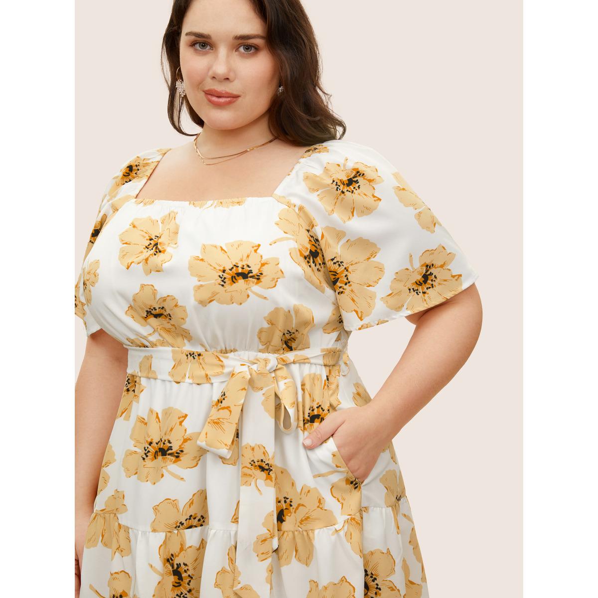 Plus Size Square Neck Floral Raglan Sleeve Belted Dress Yellow Women Elegant Belted Square Neck Short sleeve Curvy BloomChic 14-16/1X Product Image