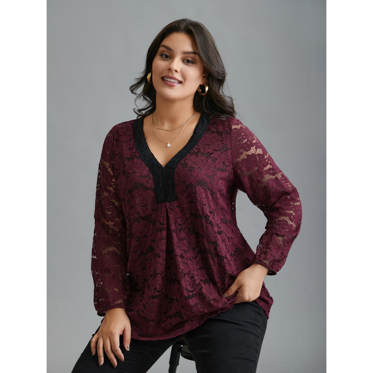 Plus Size Scarlet Sheer Lace Sleeve Pleated Slim-Fit Blouse Women Elegant Long Sleeve V-neck Everyday Blouses BloomChic 26/4X Product Image