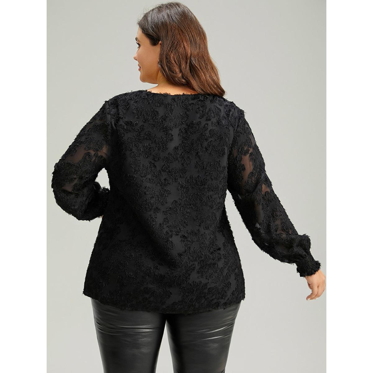Plus Size Black Plain Appliques Mesh V Neck Shirred Blouse Women Party&Cocktail Long Sleeve V-neck Party Blouses BloomChic 12/L Product Image