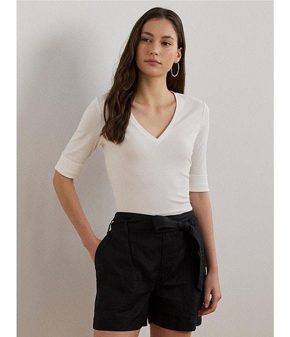 Lauren Ralph Lauren Stretch Cotton V-Neck Elbow Length Sleeve T-Shirt Product Image
