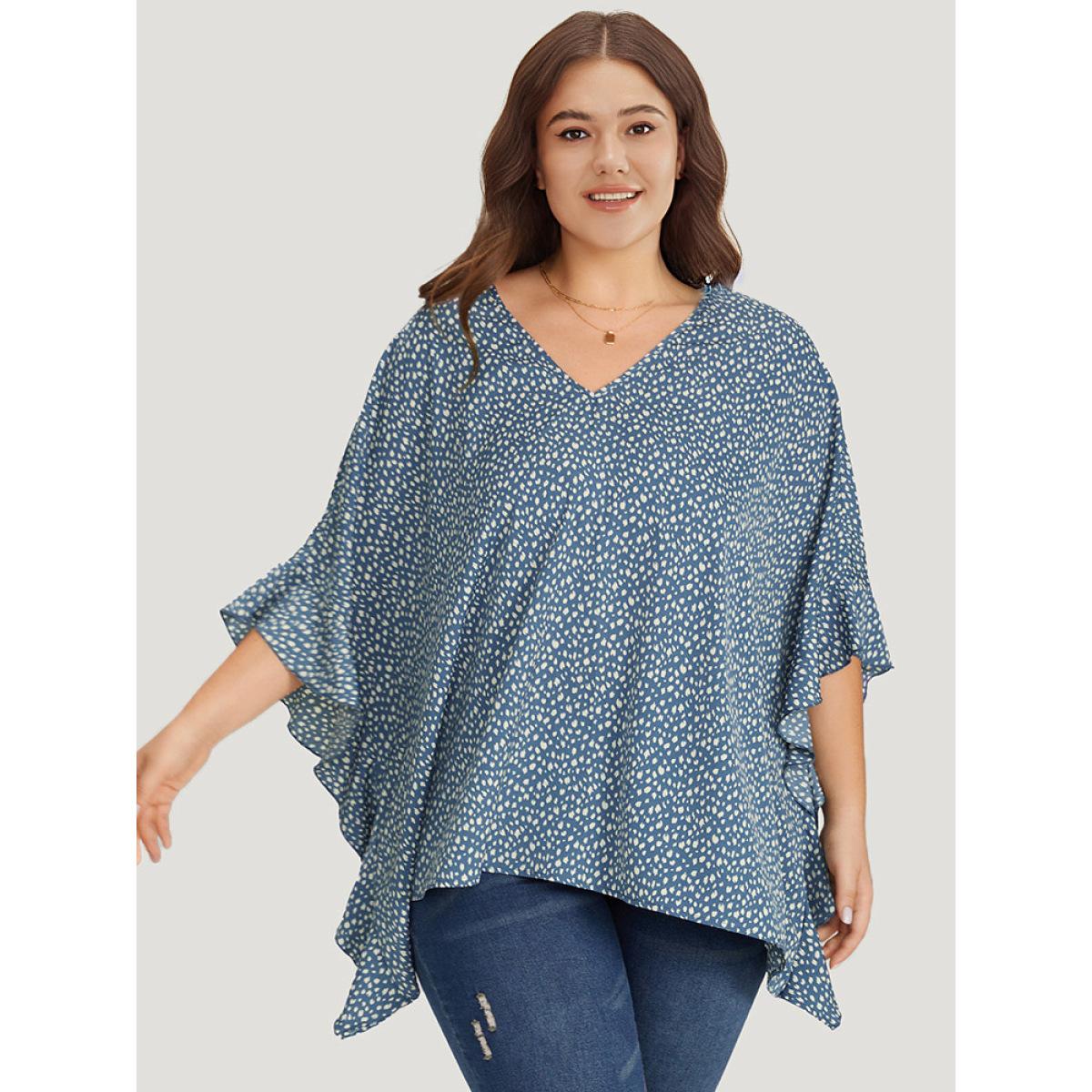 Plus Size Stone Leopard Print Ruffle Trim Asymmetrical Hem Batwing Sleeve Blouse Women Elegant Half Sleeve V-neck Dailywear Blouses BloomChic 10/M Product Image