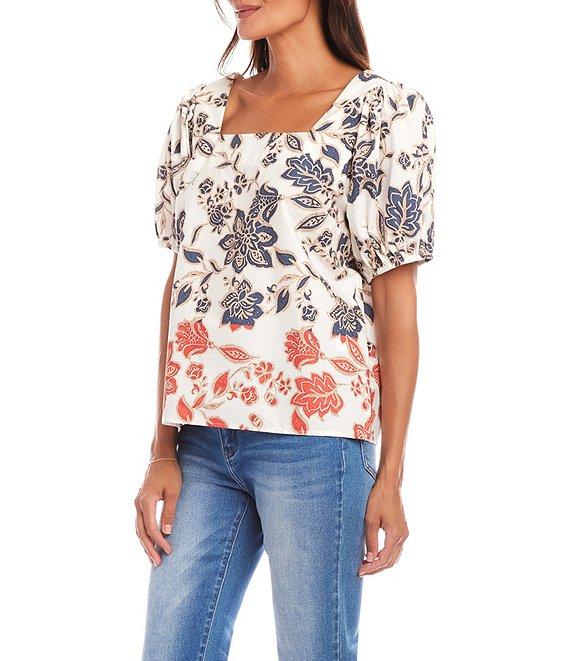 Karen Kane Poplin Batik Print Square Neck Puffed Short Sleeve Top Product Image