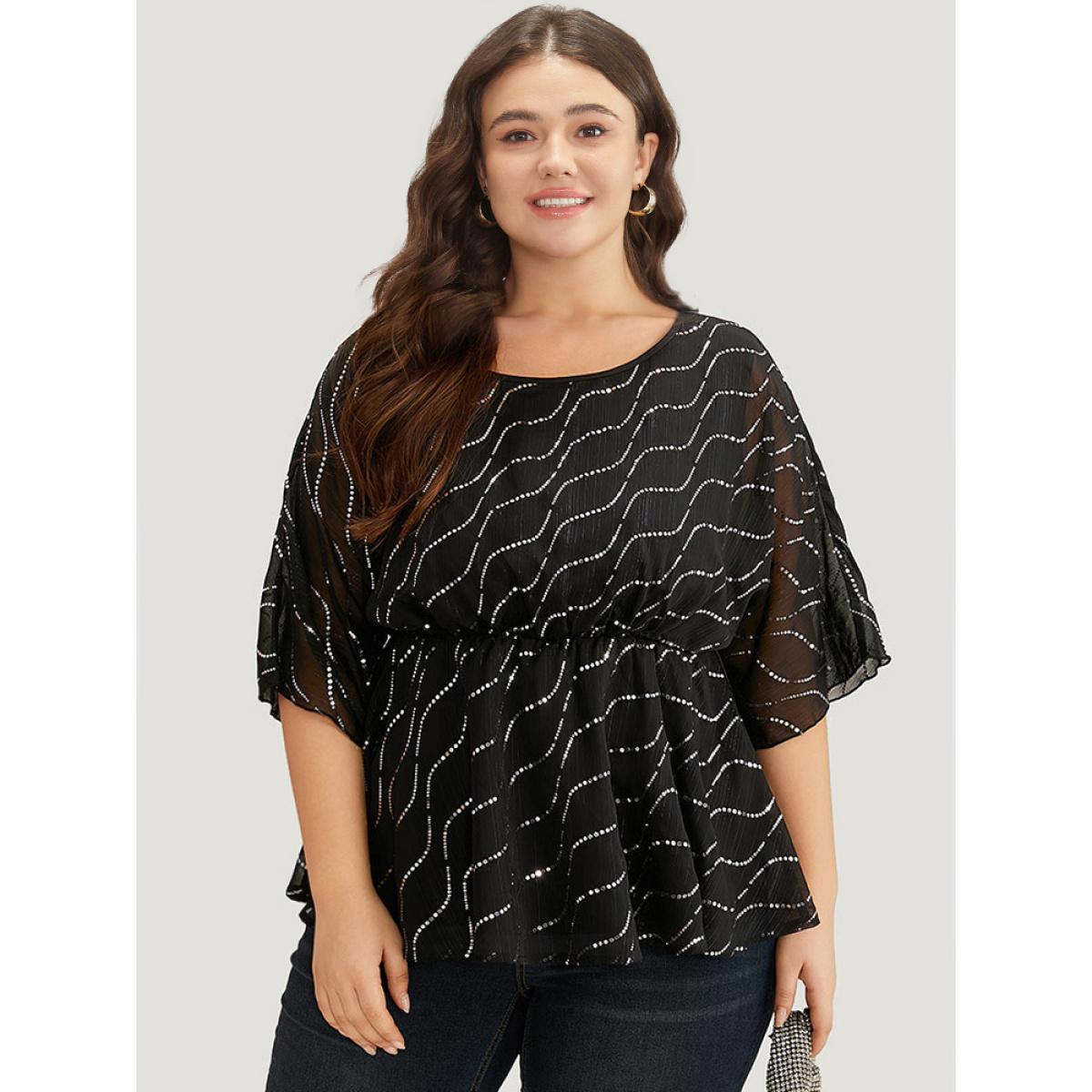 Plus Size Black Chiffon Rhinestone Mesh Patchwork Elastic Waist Blouse Women Glamour Half Sleeve Round Neck Going out Blouses BloomChic 14-16/1X Product Image
