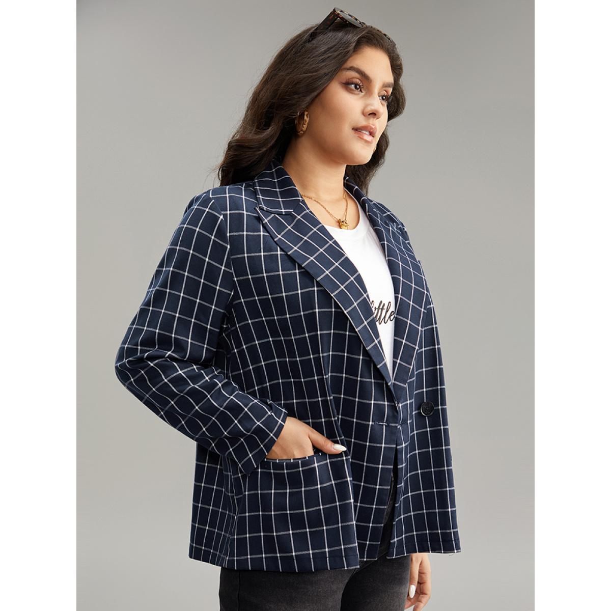 Plus Size Plaid Flap Detail Suit Collar Button Up Blazer DarkBlue Women Dailywear Plaid Contrast Sleeve Long Sleeve Suit Collar 12/L Pocket Casual Blazers BloomChic Product Image
