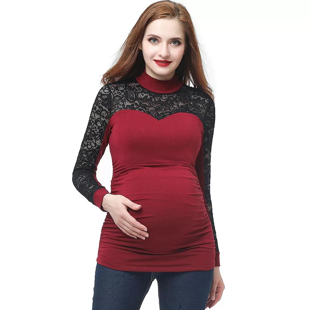 Maternity Pokkori Mockneck Lace Panel Top, Womens Red Product Image