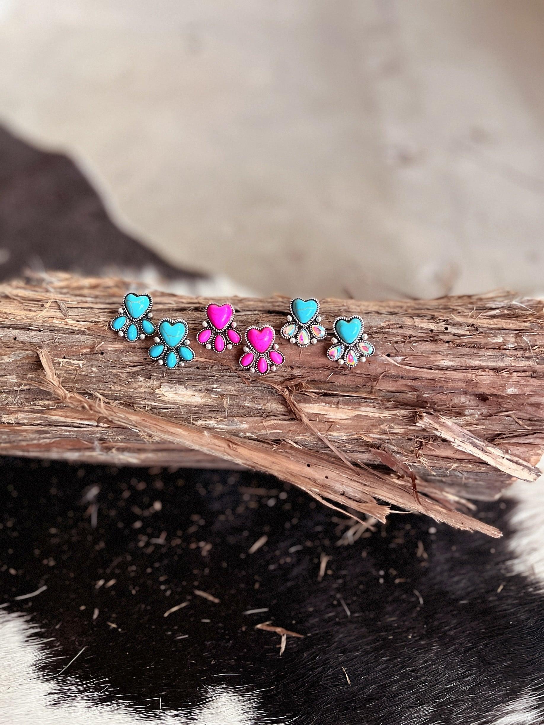 Western Style Stone Heart Post Earrings - 3 Colors Available Product Image