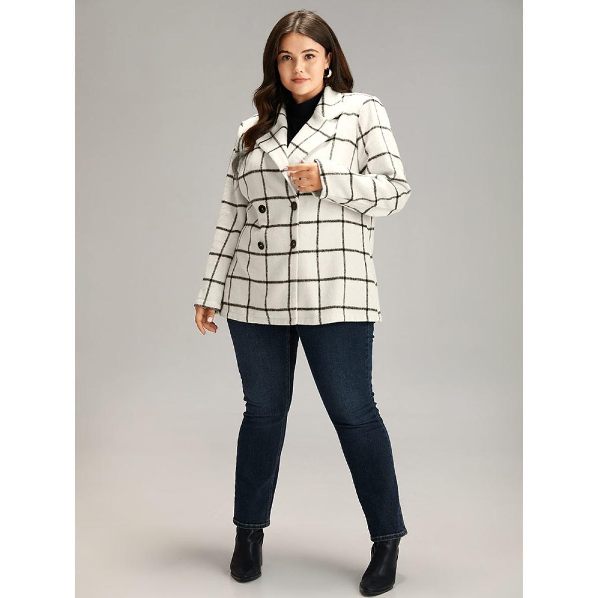 Plus Size Plaid Double Breasted Suit Collar Blazer White Women Dailywear Striped Contrast Sleeve Long Sleeve Suit Collar 12/L Elegant Blazers BloomChic Product Image