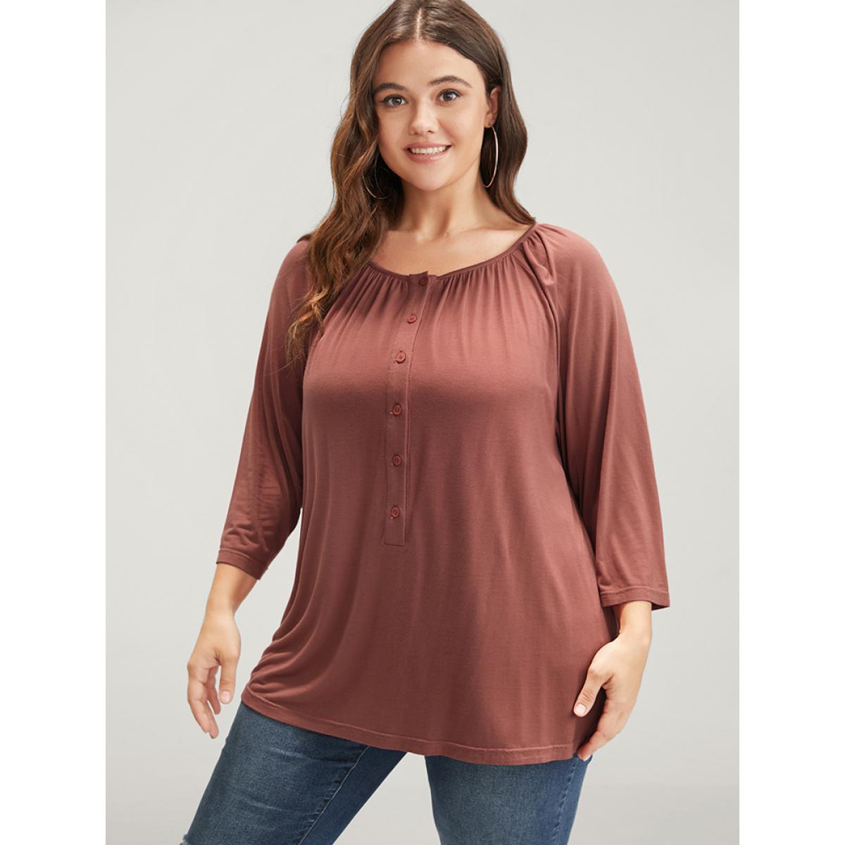 Plus Size Plain Round Neck Button Modal T-shirt Rouge Women Elegant Button Plain Round Neck Loose Dailywear T-shirts BloomChic 10/M Product Image
