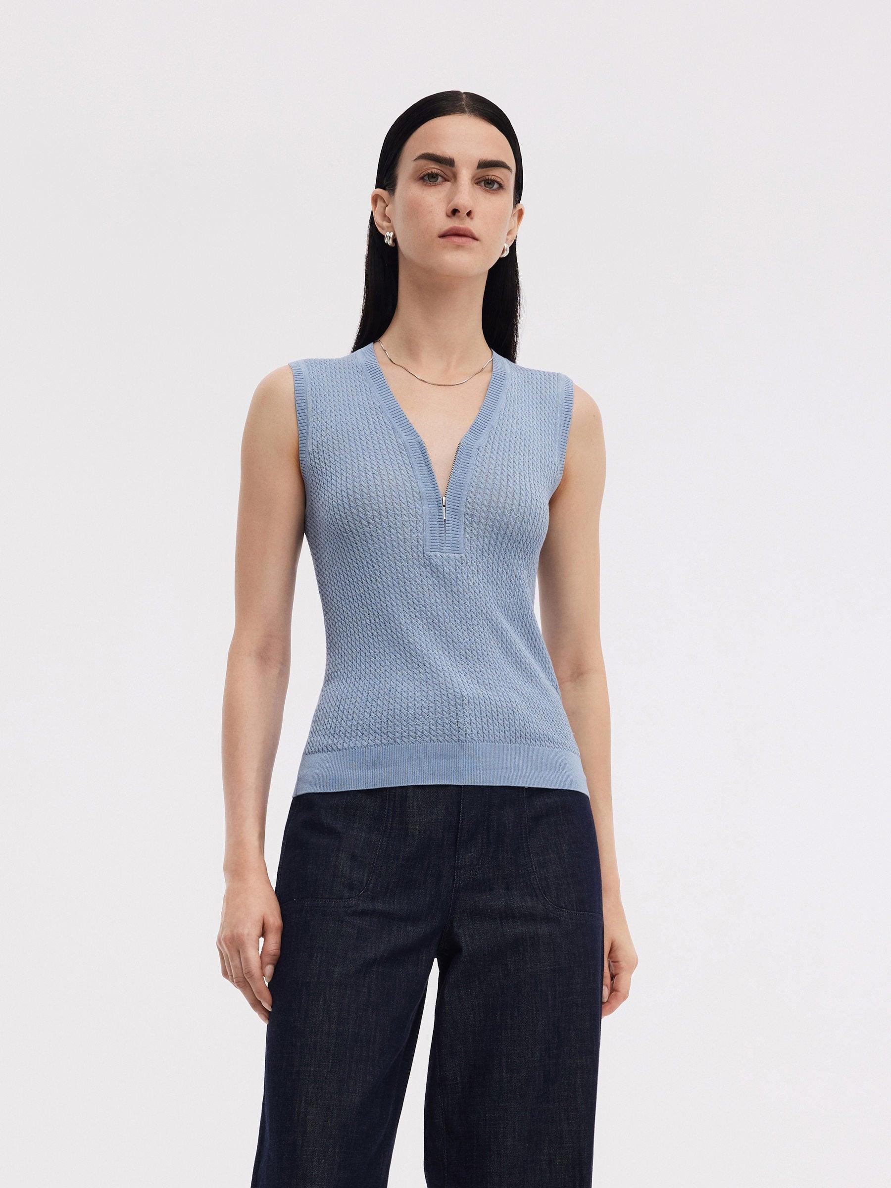 Tencel Blend Half-Zip Women V-Neck Knit Tank Top Product Image