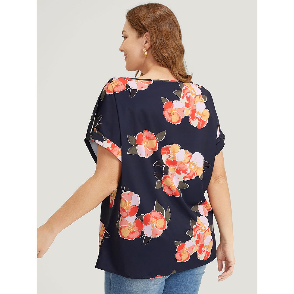 Plus Size Indigo Floral Printed Roll Tab Sleeve Blouse Women Elegant Short sleeve Round Neck Dailywear Blouses BloomChic 12/L Product Image