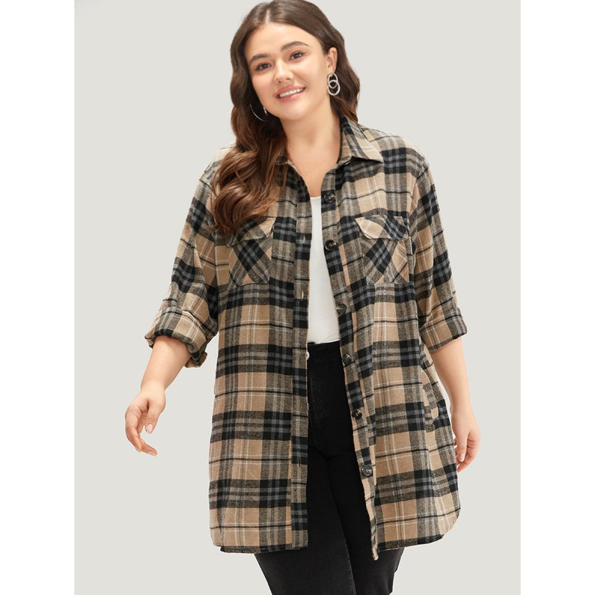 Plus Size Plaid Flap Pocket Curved Hem Coat Women Tan Contrast Pocket Dailywear Jackets BloomChic 10/M Product Image