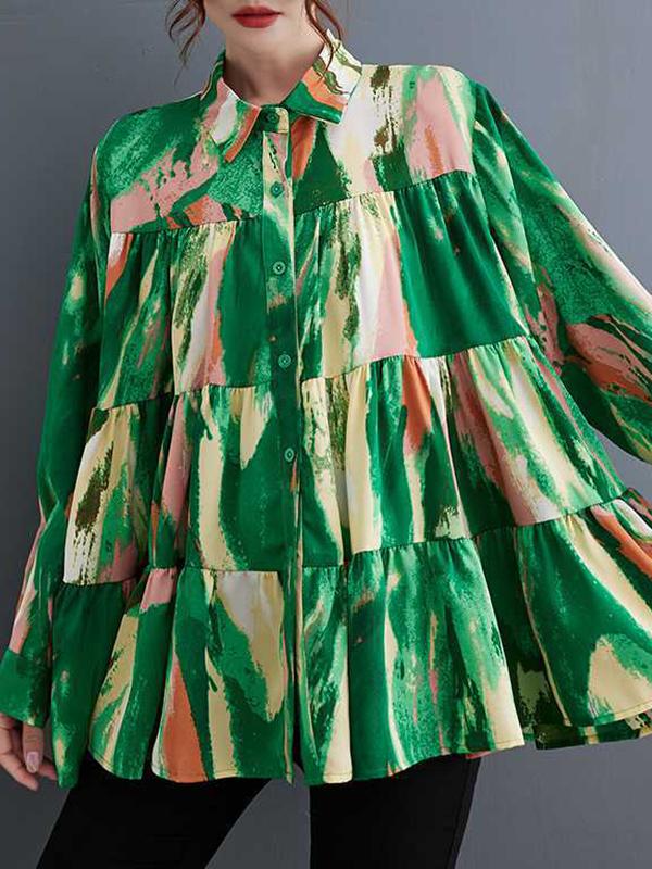 Long Sleeves Loose Pleated Printed Split-Joint Lapel Blouses Product Image