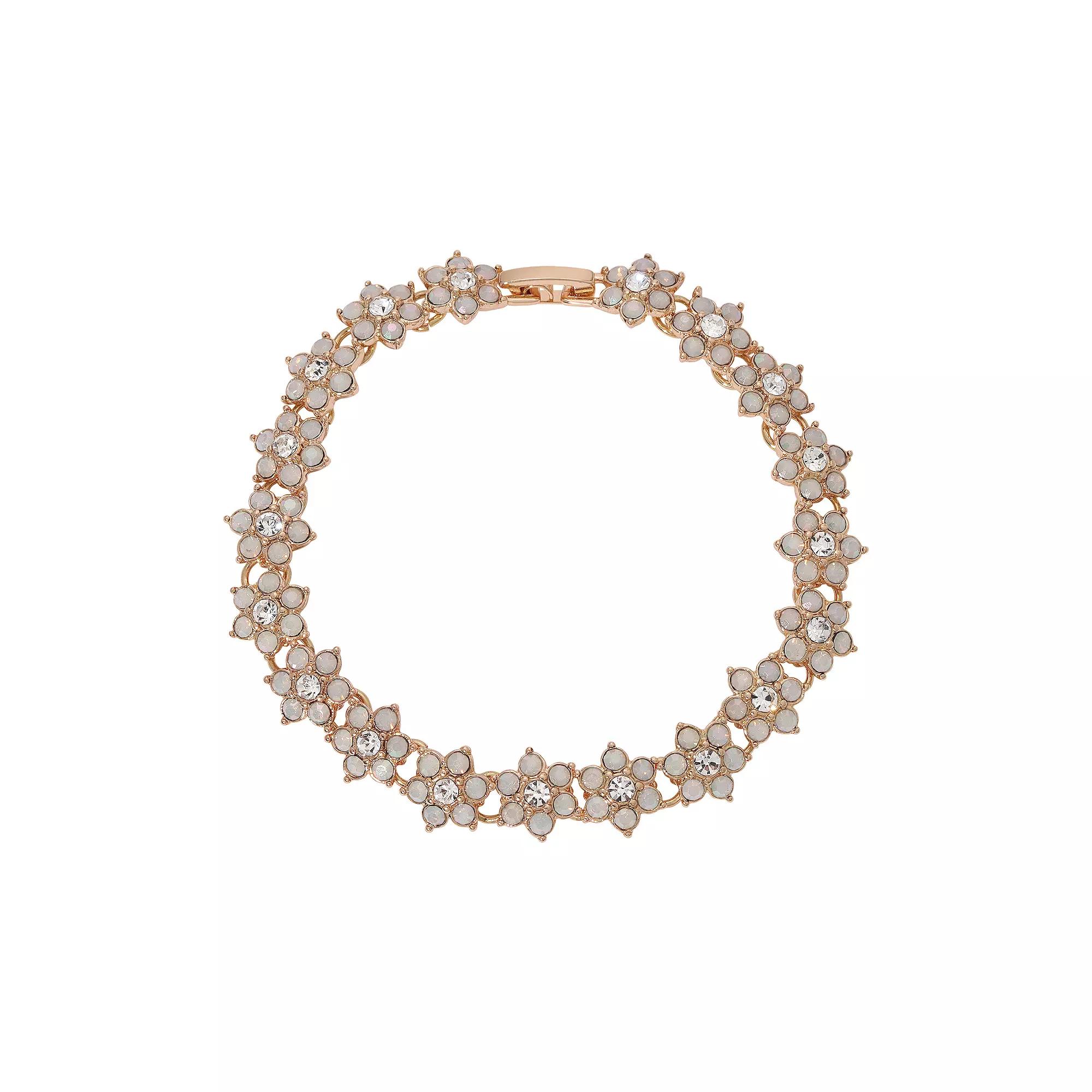 1928 Gold Tone Simulated White Opal Crystal Flower Bracelet, Women's Product Image