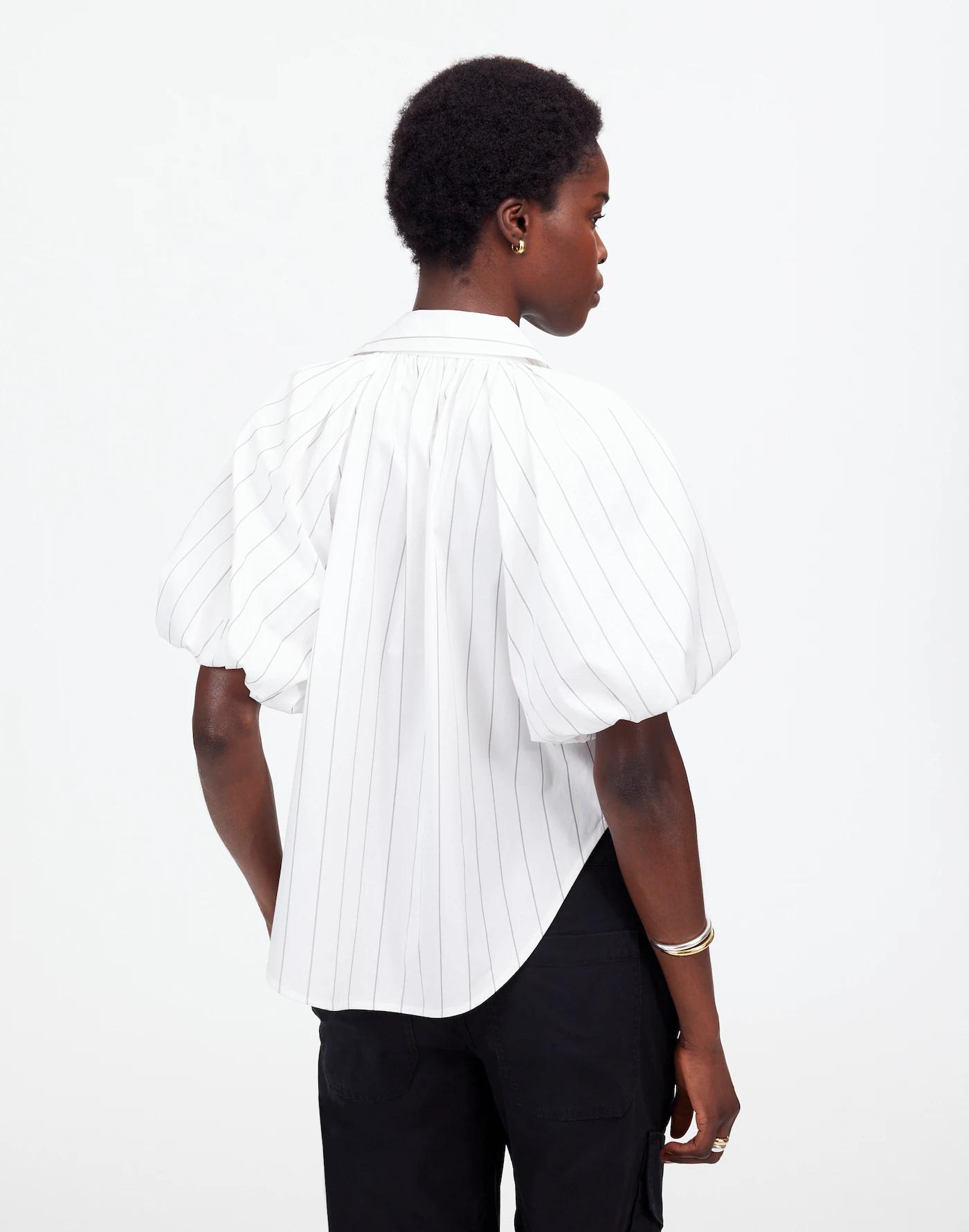 Shirred Bubble-Sleeve Button-Up Shirt Product Image