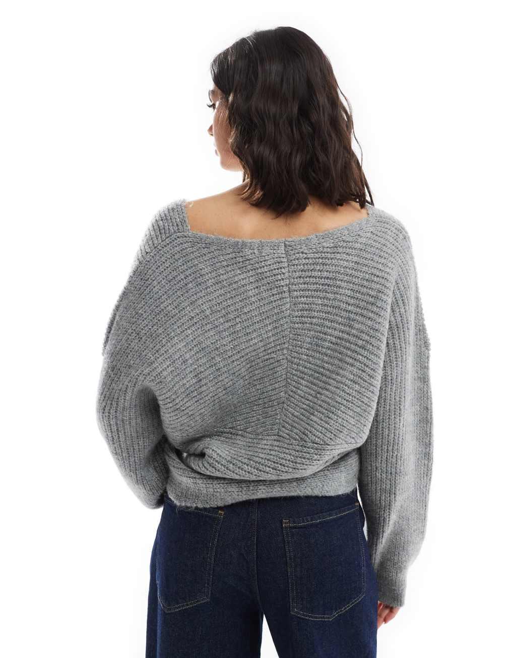 ASOS DESIGN knitted off shoulder sweater in gray Product Image