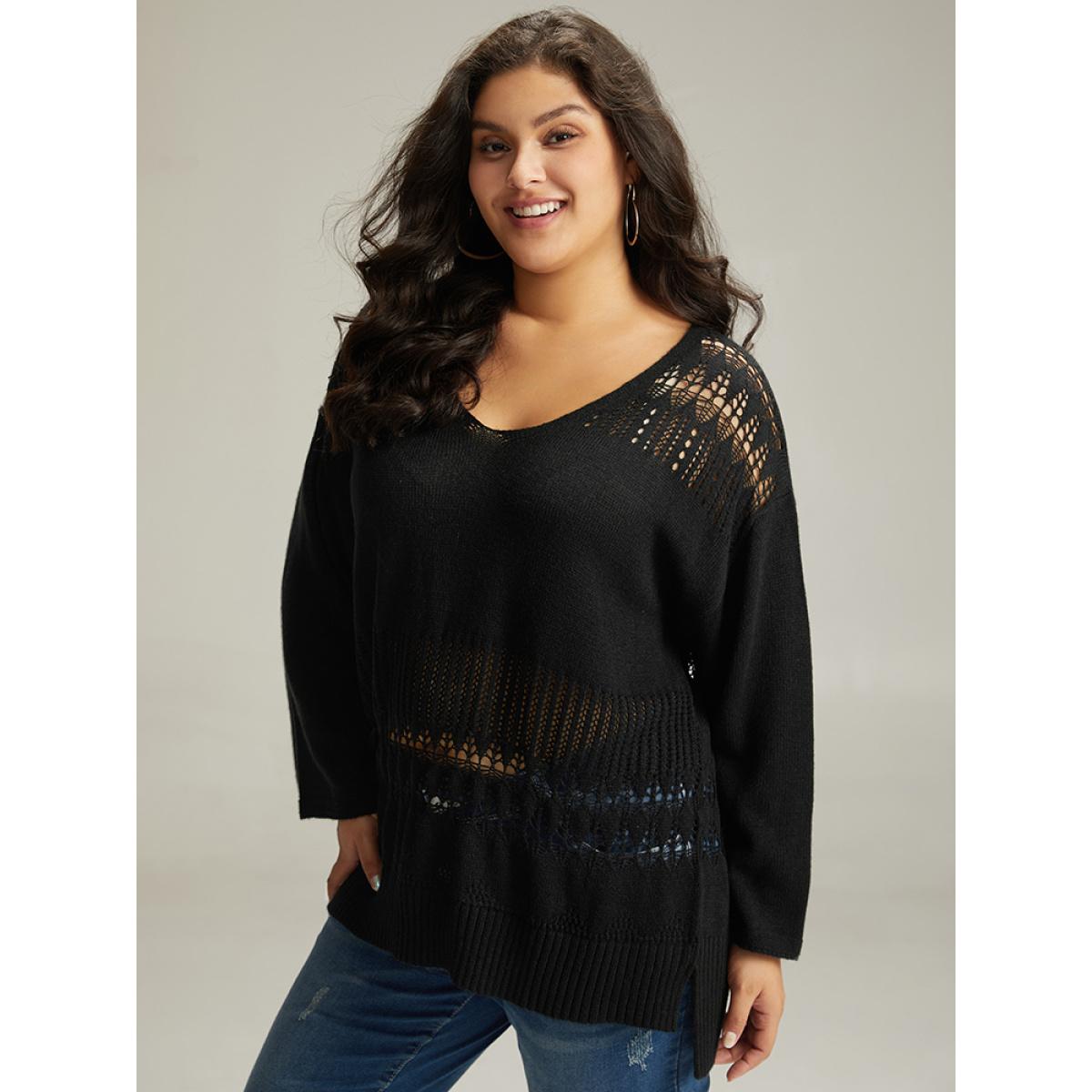 Plus Size Solid Hollow Out Split V Neck Pullover Black Women Casual Loose Long Sleeve V-neck Everyday Pullovers BloomChic 18-20/2X Product Image