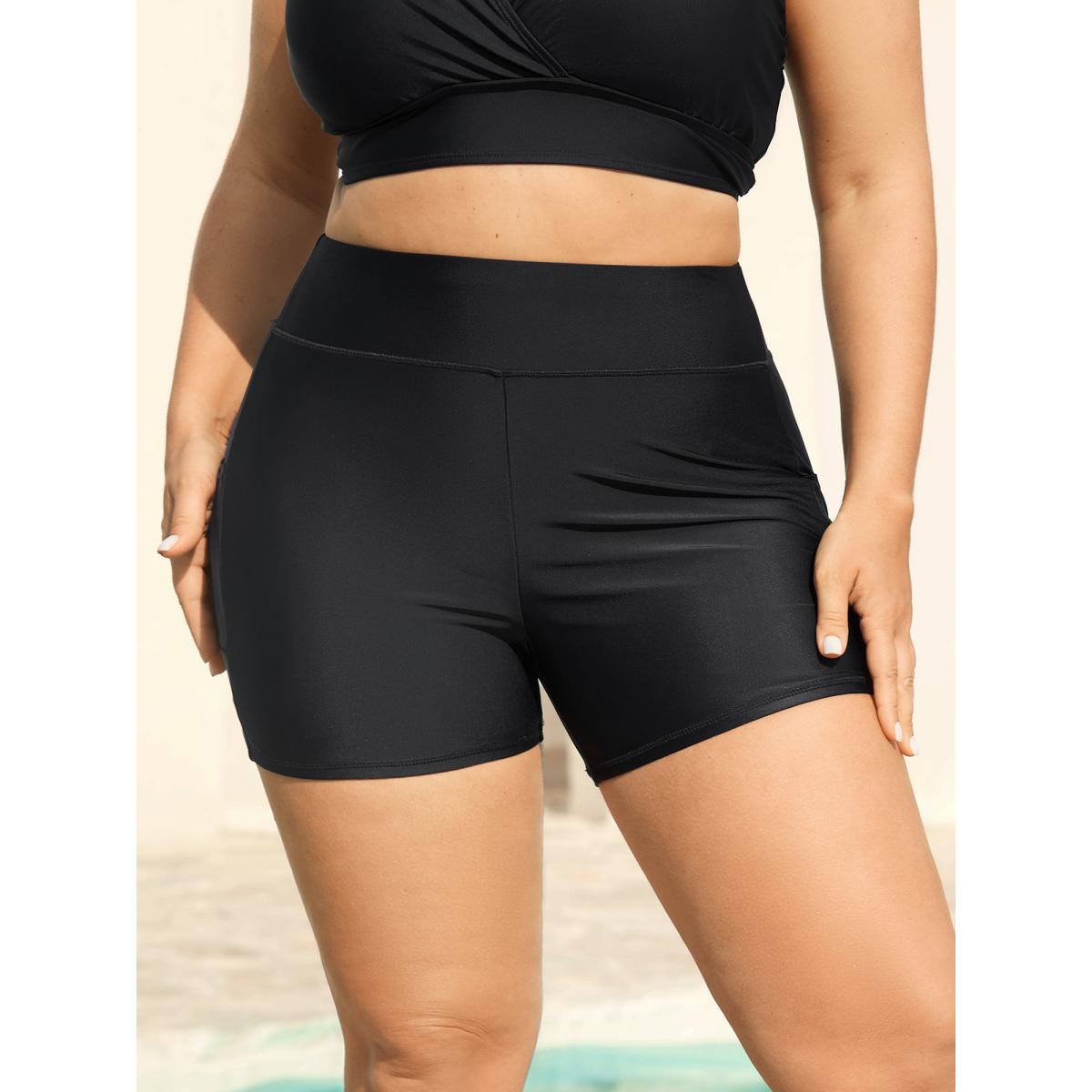 Plus Size Sculpting Pockets Solid Swim Bottoms Women's Swimwear Black Beach Patchwork High stretch Skinny High Rise Side seam pocket Curve Swim Bottoms BloomChic 22-24/3X Product Image