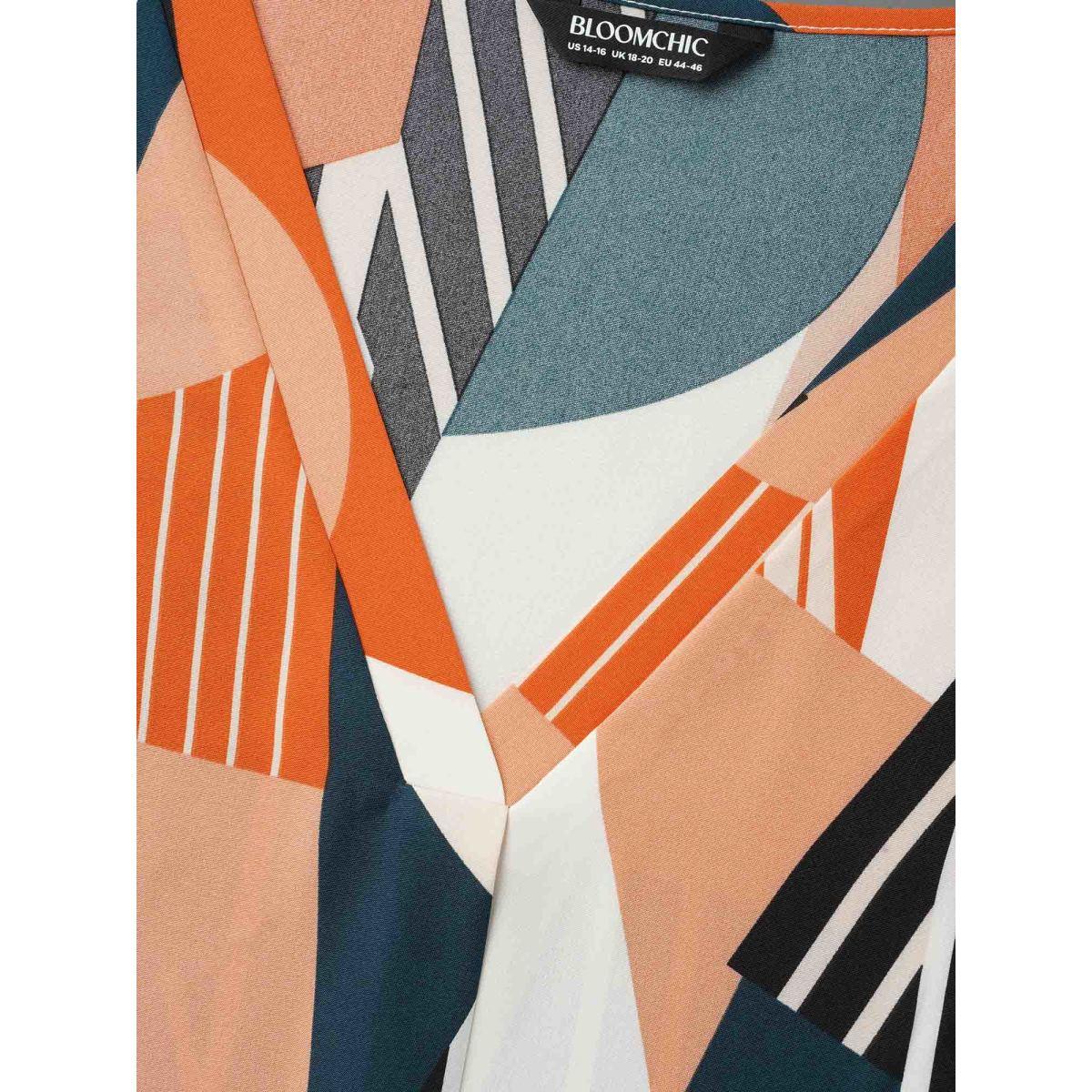 Plus Size Multicolor Abstract Print Tab Sleeve Blouse Women Office Elbow-length sleeve V-neck Office Blouses BloomChic 10/M Product Image