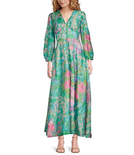 Abbey Glass Brooke Watercolor Floral Long Sheer Sleeve V-Neck Maxi Dress Product Image
