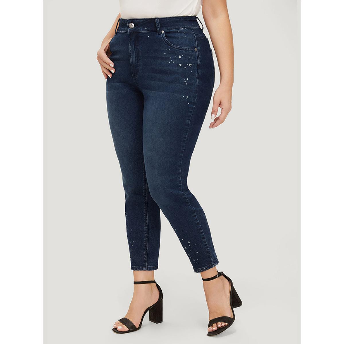 Plus Size Very Stretchy High Rise Dark Wash Paint Jeans Women DarkBlue Casual Plain High stretch Pocket Jeans BloomChic 24/3X Product Image
