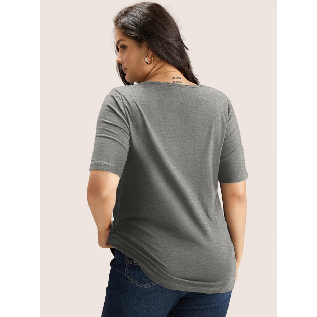 Plus Size Cotton V Neck Plain Basic T-shirt Mediumgray Women Leisure Non Plain V-neck Casual T-shirts BloomChic 22-24/3X Product Image