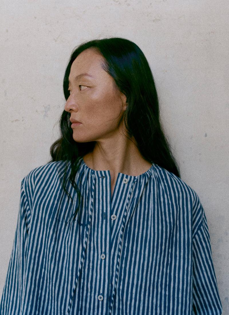 Natural Dye Stripe Cotton Gathered Top | Indigo Product Image