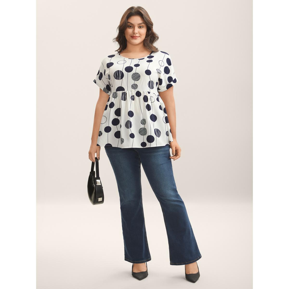 Plus Size Indigo Polka Dots Print Dolman Sleeve Babydoll Top Women Short sleeve Round Neck Work Blouses BloomChic 12/L Product Image