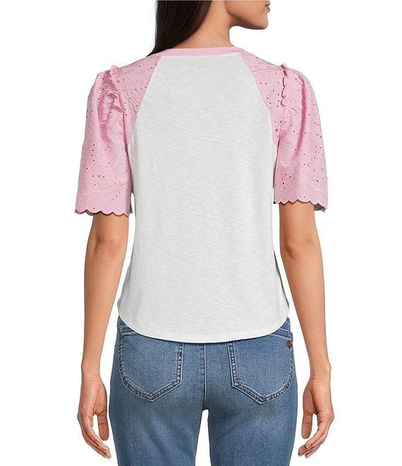 Democracy Mix-Media Scoop Neck Embroidered Elbow Puff Sleeve Top Product Image