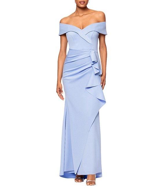 Xscape Stretch Off-the-Shoulder Short Sleeve Mermaid Ruffle Gown Product Image