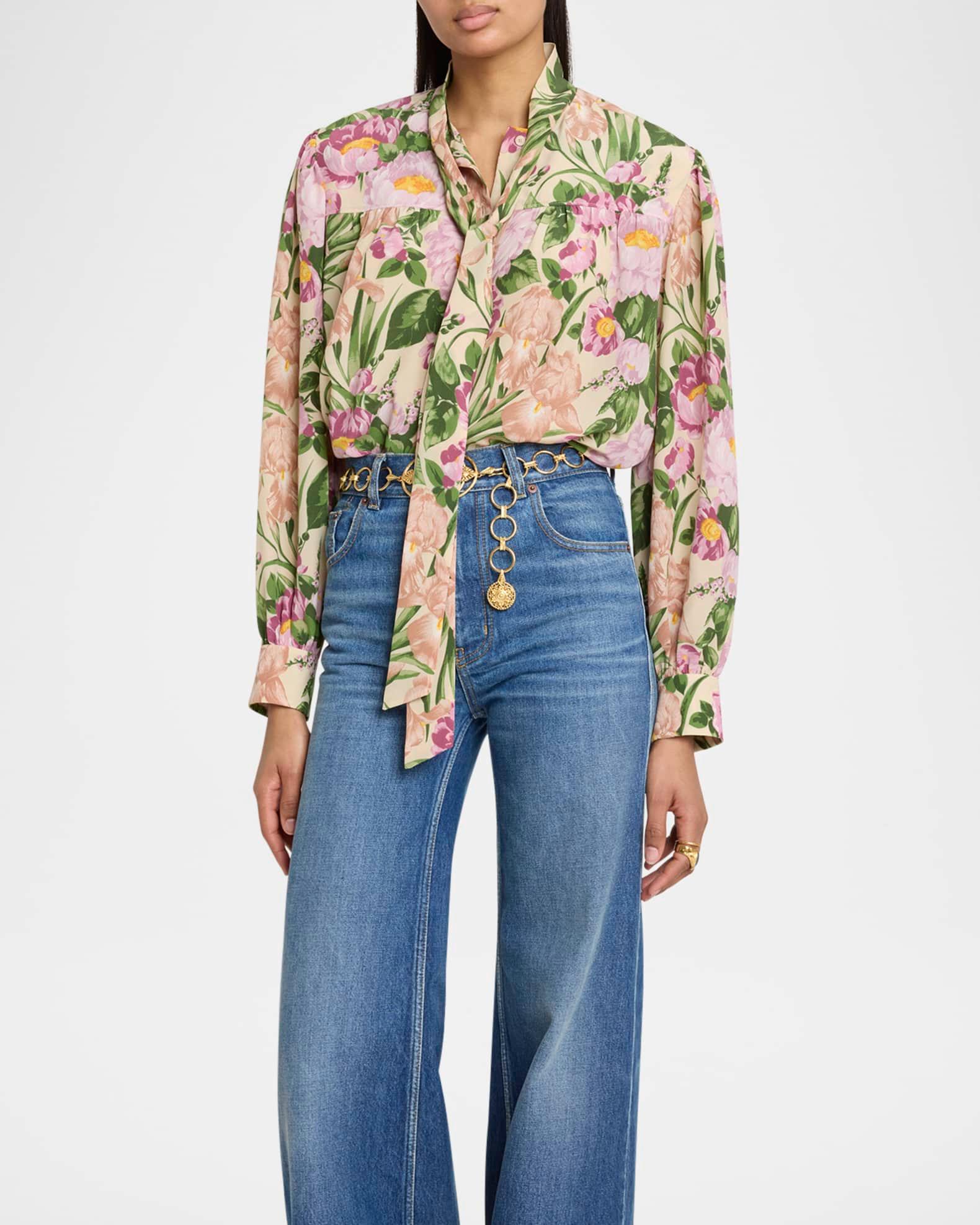 Floral Silk Neck-Tie Button-Down Blouse Product Image