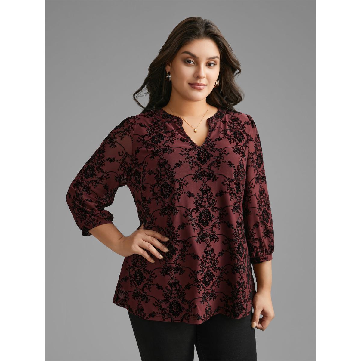 Plus Size Burgundy Boho Print Flocking Mesh Blouse Women Elegant Elbow-length sleeve Flat collar with V-notch Everyday Blouses BloomChic 10/M Product Image