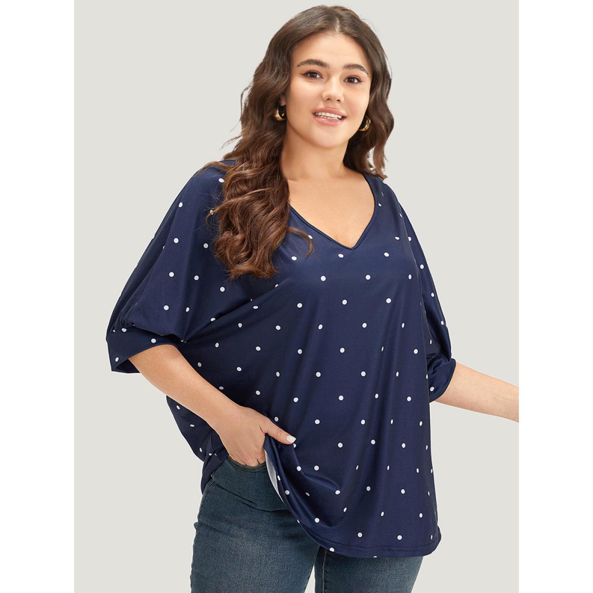 Plus Size Polka Dot V Neck Lantern Sleeve T-shirt Indigo Women Elegant Elastic cuffs Polka Dot V-neck Dailywear T-shirts BloomChic 12/L Product Image