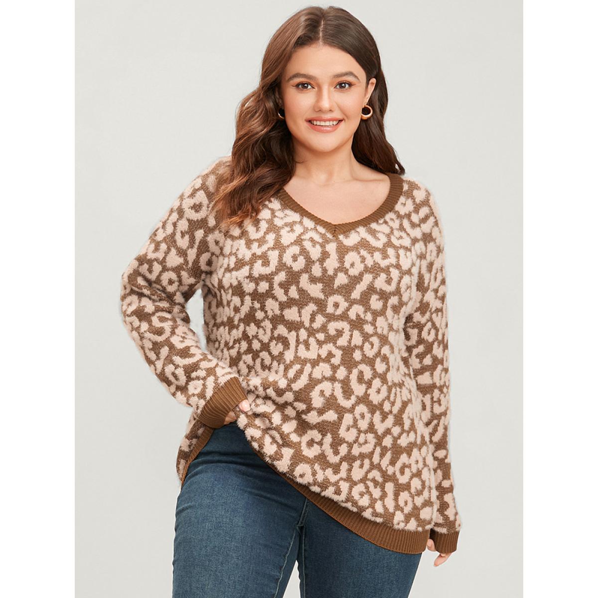 Plus Size Leopard Pointelle Knit V Neck Fluffy Knit Top Bronze Women Casual Loose Long Sleeve V-neck Dailywear Pullovers BloomChic 28/5X Product Image