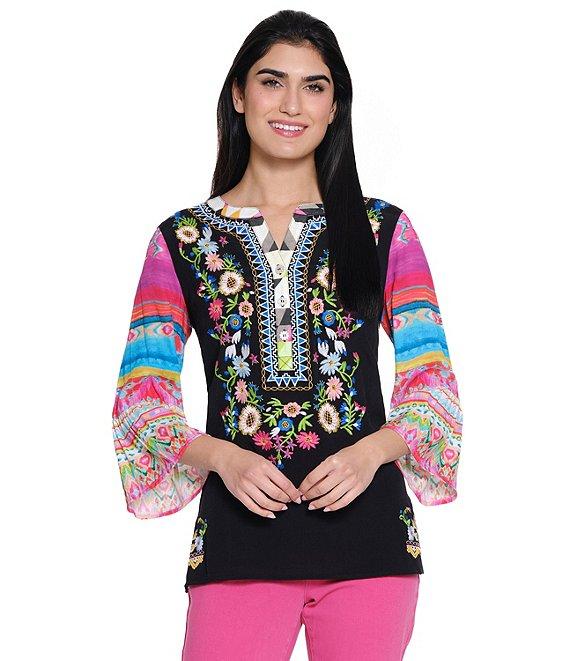John Mark Embroidered Floral Y-Neck 3/4 Sleeve Tunic Product Image