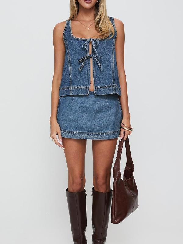 Sleeveless Lace-Up Denim Two Piece Product Image