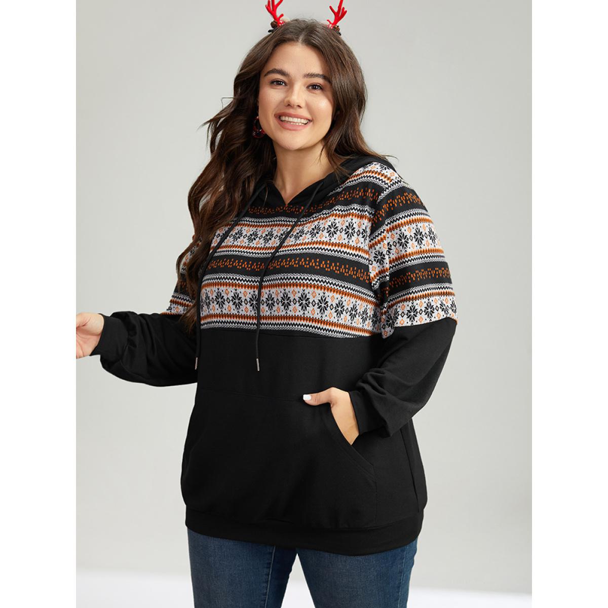 Plus Size Patchwork Contrast Pocket Hooded Drawstring Sweatshirt Women Black Casual Contrast Hooded Festival-Christmas Sweatshirts BloomChic 10/M Product Image