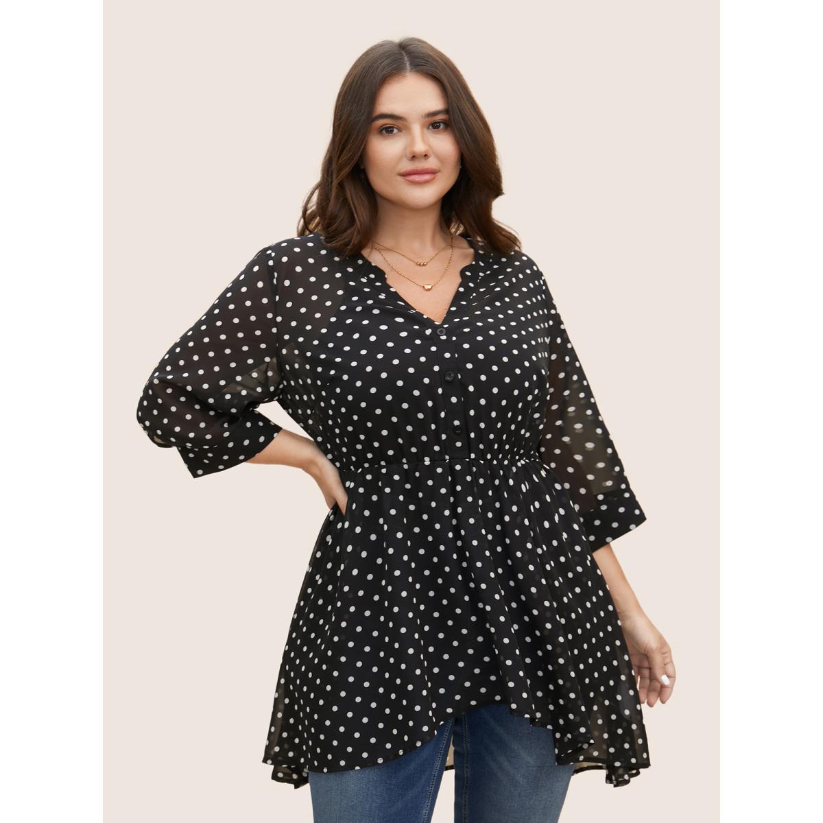 Plus Size Black Chiffon Polka Dot Button Detail Blouse Women Elegant Elbow-length sleeve Flat collar with V-notch Everyday Blouses BloomChic 10/M Product Image