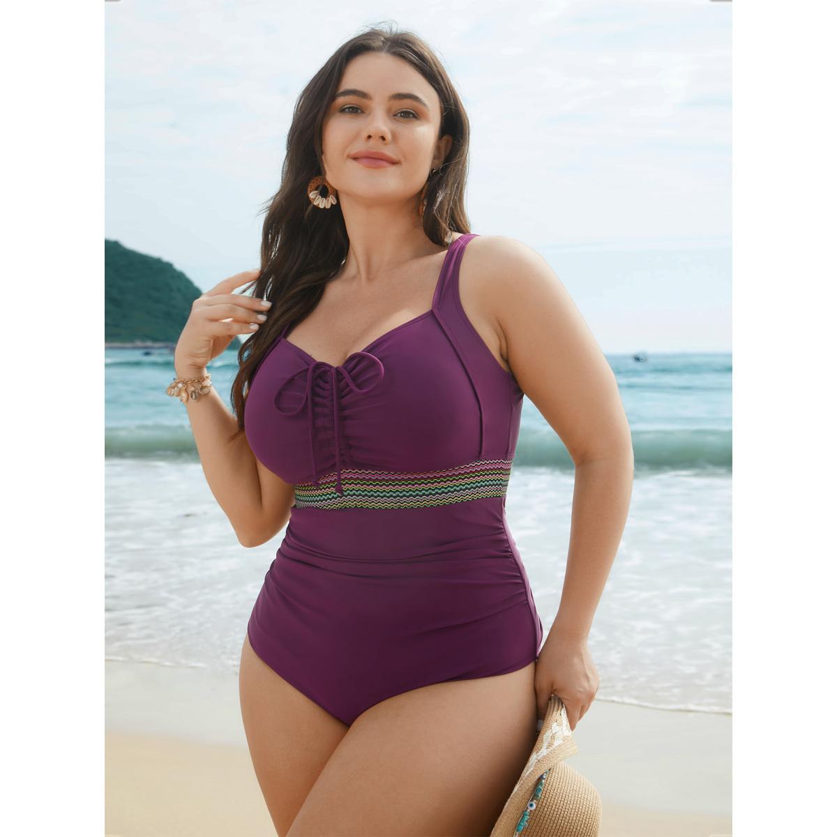 Plus Size Adjustable Drawstring Ruched Contrast Webbing One-Piece Swimsuit Women's Swimwear Deeppurple Beach Woven ribbon&lace trim Curve Bathing Suits High stretch One Pieces BloomChic 28/5X Product Image