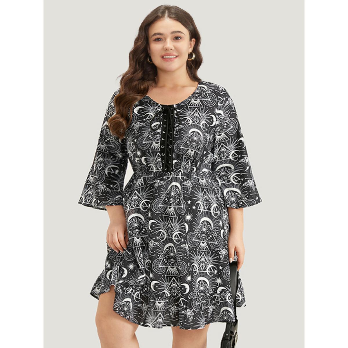 Plus Size Halloween Moon & Star Lace Up Pocket Bell Sleeve Dress Black Women Office Cross straps Round Neck Elbow-length sleeve Curvy Knee Dress BloomChic 30/6X Product Image