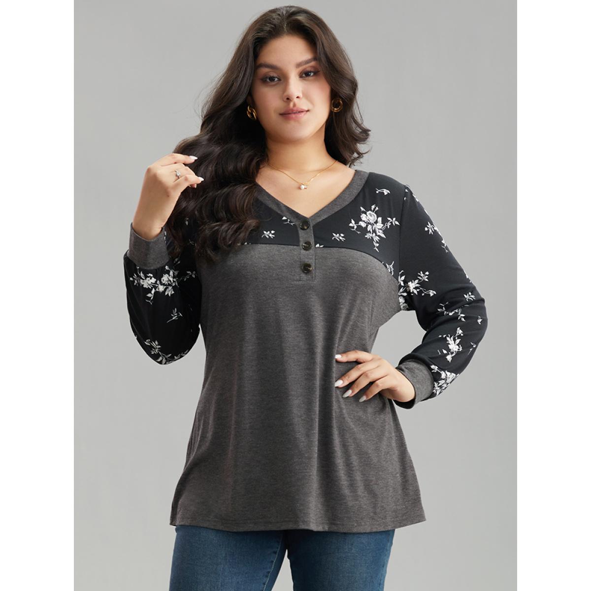 Plus Size Floral Print Patchwork Button Up T-shirt DimGray Women Elegant Printed Patchwork V-neck Dailywear T-shirts BloomChic 14-16/1X Product Image