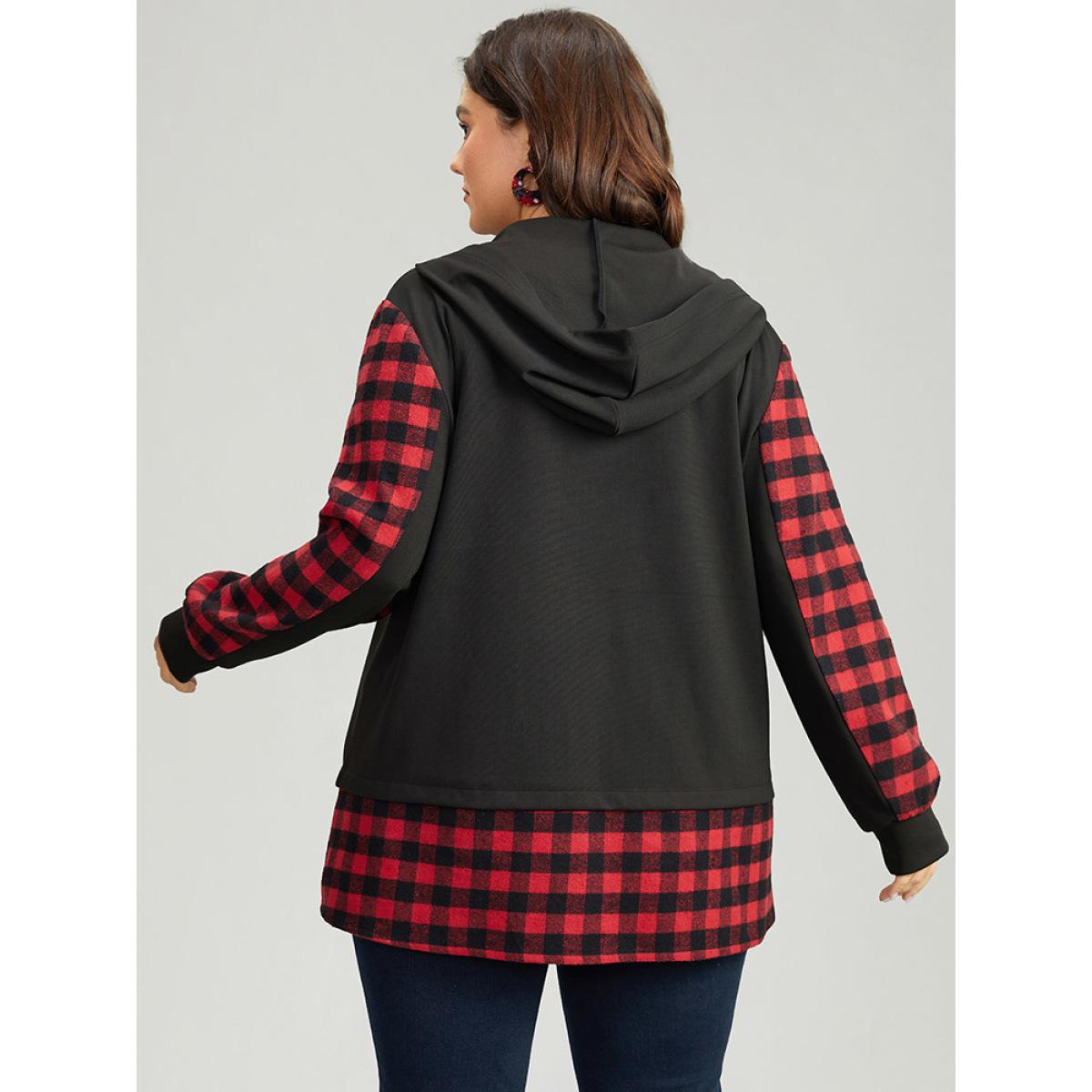 Plus Size Gingham Patchwork Hooded Zipper Contrast Coat Women Red Contrast Pocket Dailywear Jackets BloomChic 22-24/3X Product Image