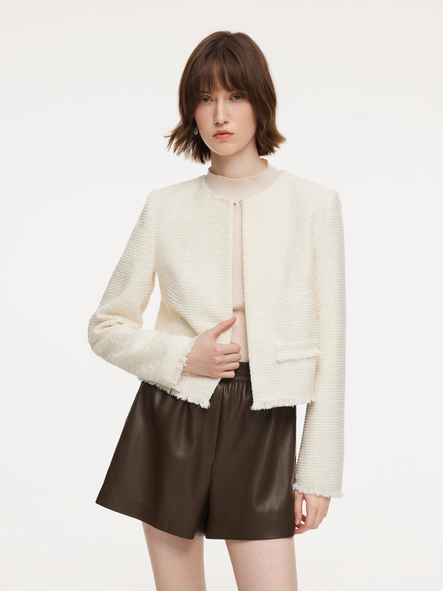 Tweed Round Neck Frayed Hem Women Cropped Jacket Product Image