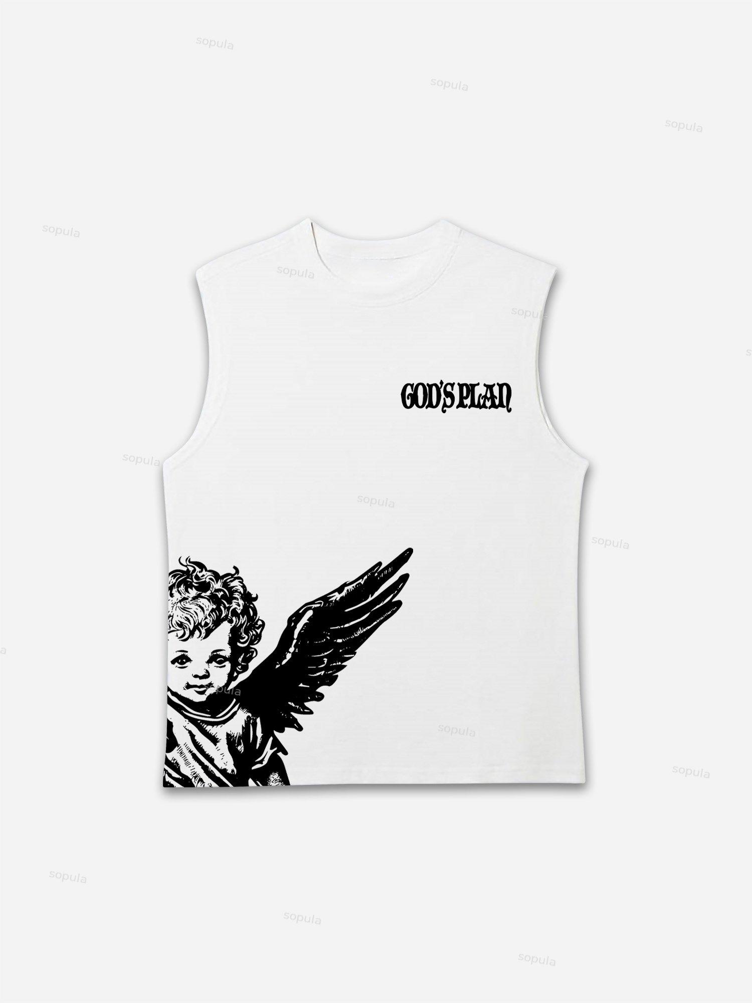 Sopula Casual Angel Graphics God's Plan Print Cotton Sleeveless Tank Top Product Image