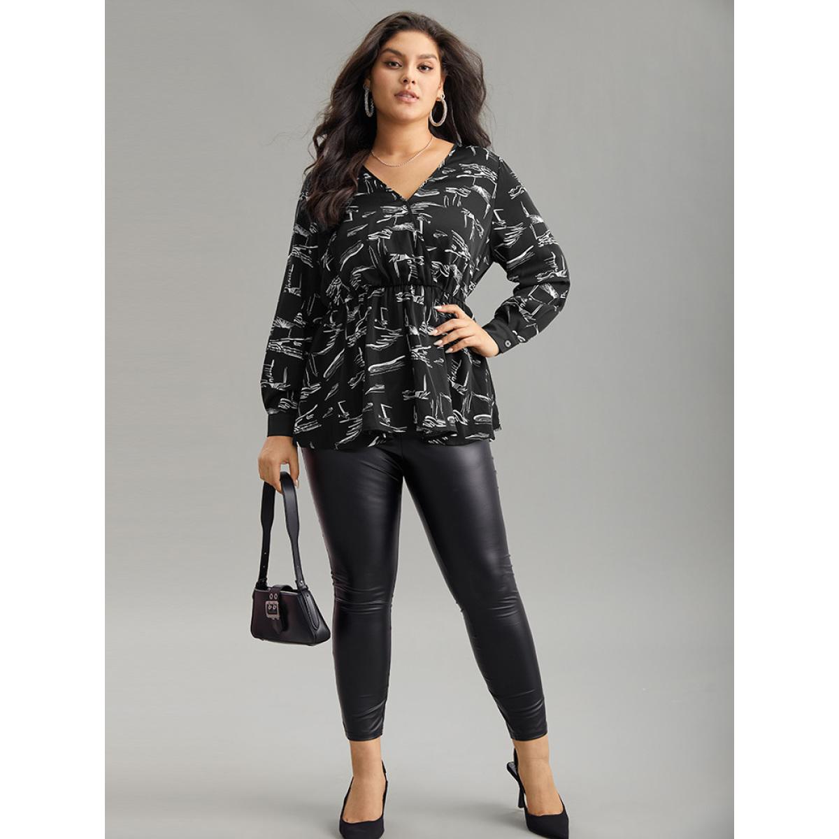 Plus Size BlackFlower Geometric Wrap Elastic Waist Ruffle Hem Blouse Women Office Long Sleeve Overlap Collar Work Blouses BloomChic 28/5X Product Image