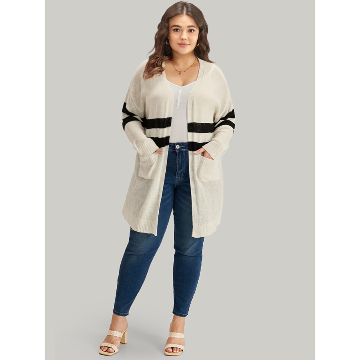 Plus Size Striped Pocket Open Front Cardigan Beige Women Casual Loose Long Sleeve Everyday Cardigans BloomChic 30/6X Product Image