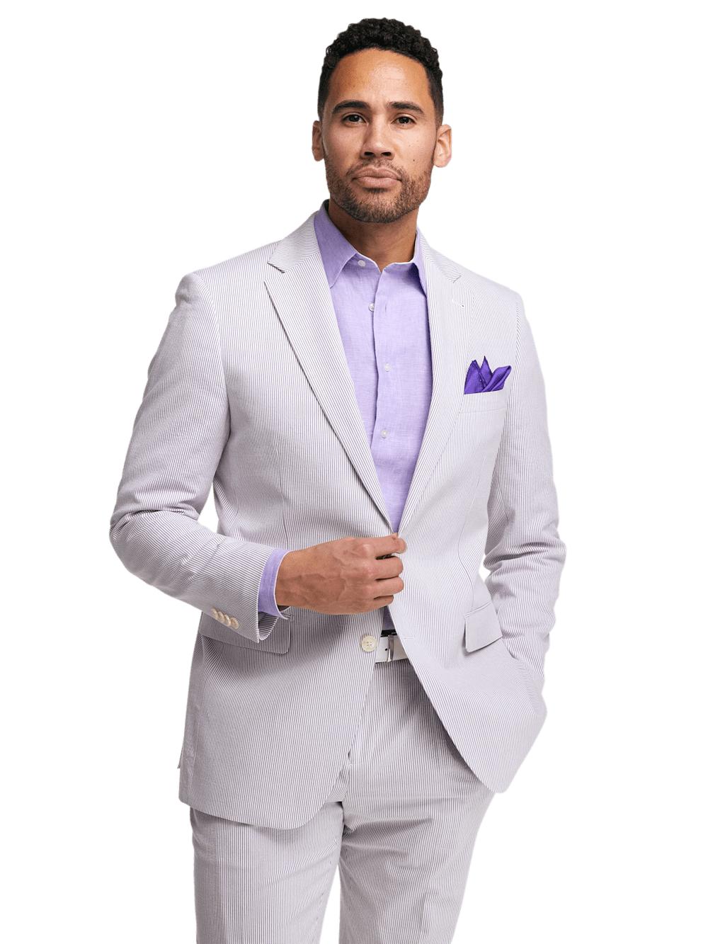 Cotton Stretch Stripe Seersucker Single Breasted Notch Lapel Suit Jacket - Purple/white Product Image