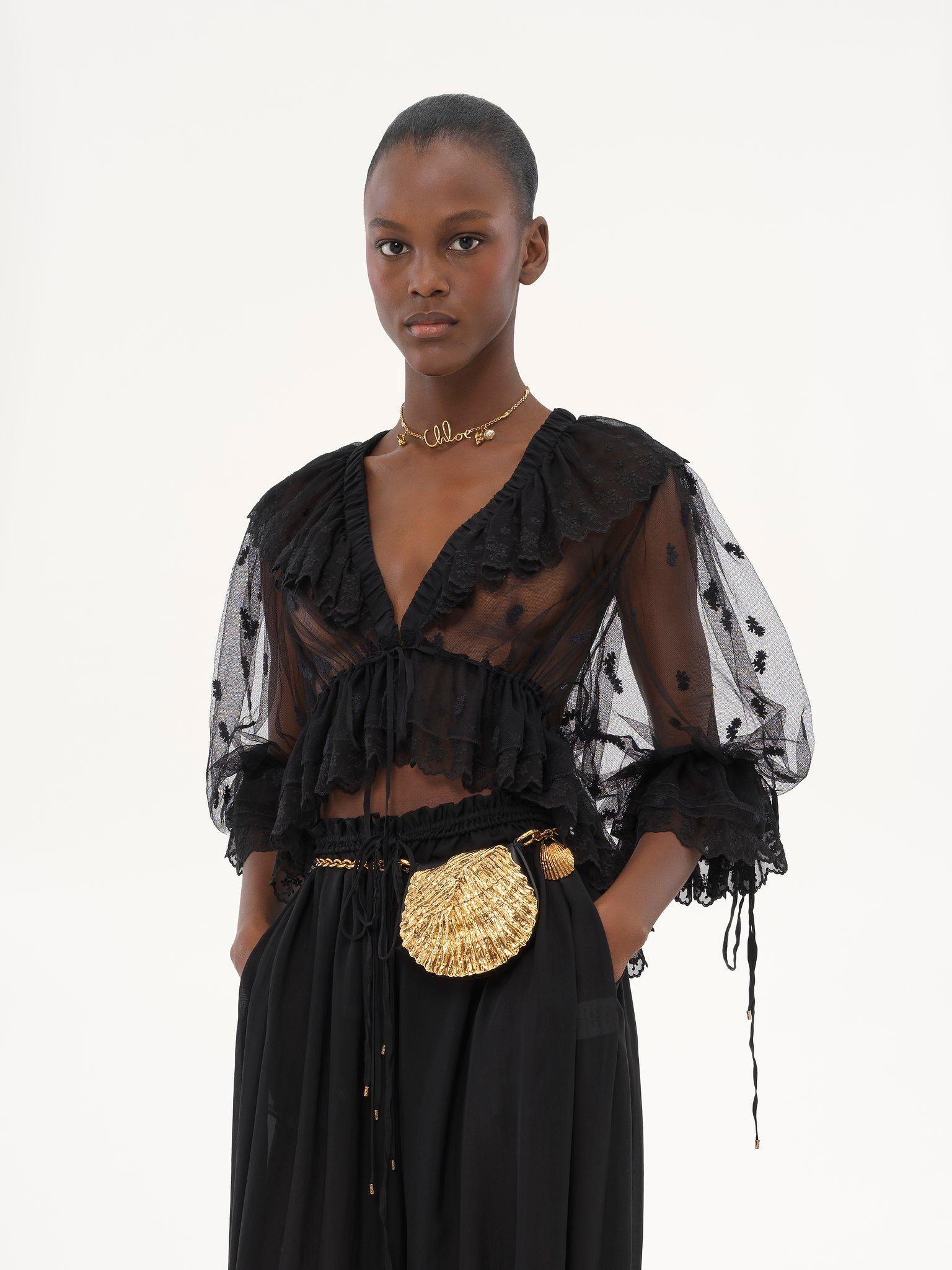 V-neck ruffle top in embroidered lace Product Image