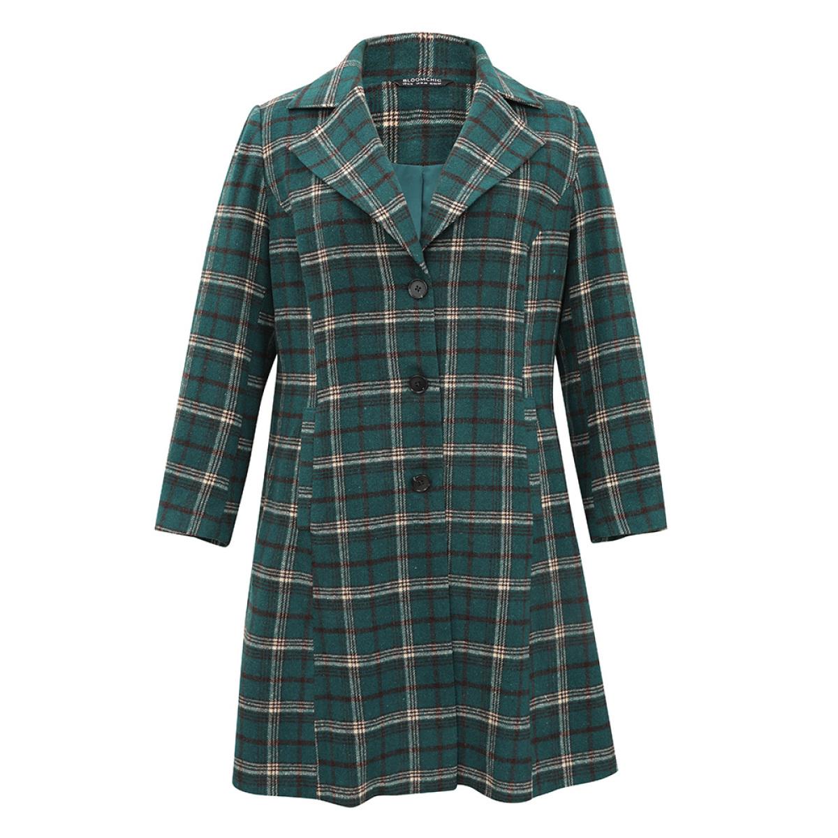 Plus Size Plaid Button Up Pocket Lapel Collar Coat Women Green Party Lined Ladies Dailywear Winter Coats BloomChic 30/6X Product Image